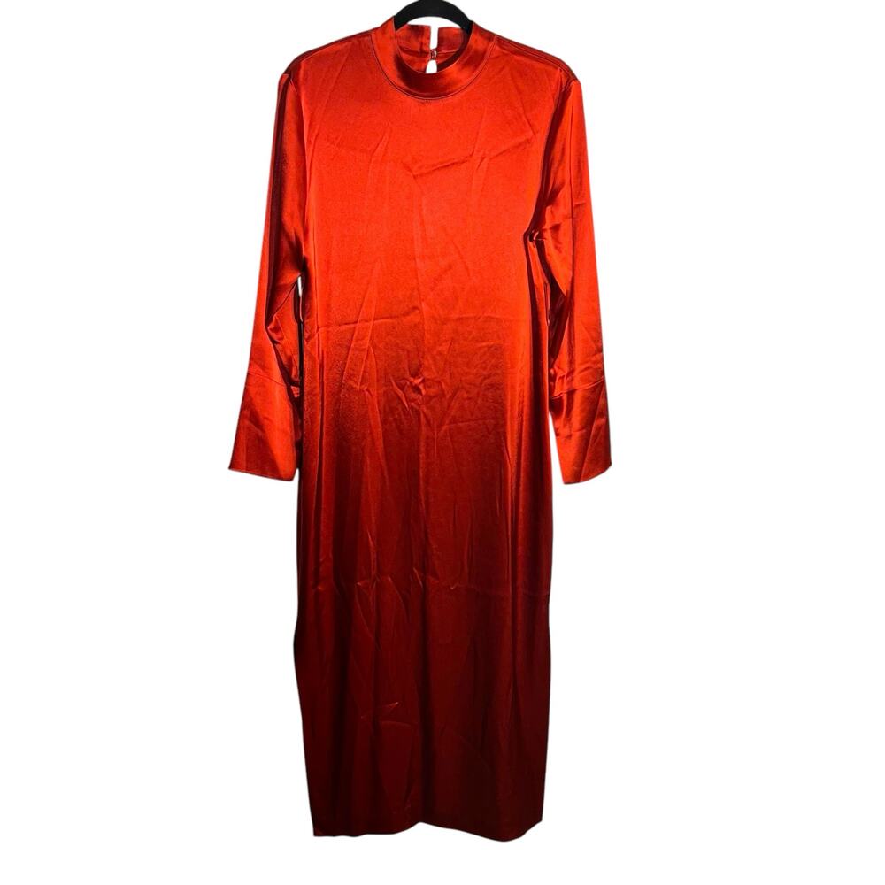 Nanushka Rust Red Satin Midi Dress Long Sleeve Mock Neck Minimalist Size M - Picture 2 of 12